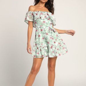 Lulu's French Gardens Mini Dress XL Green Burnout Floral Off the Shoulder Ruffle